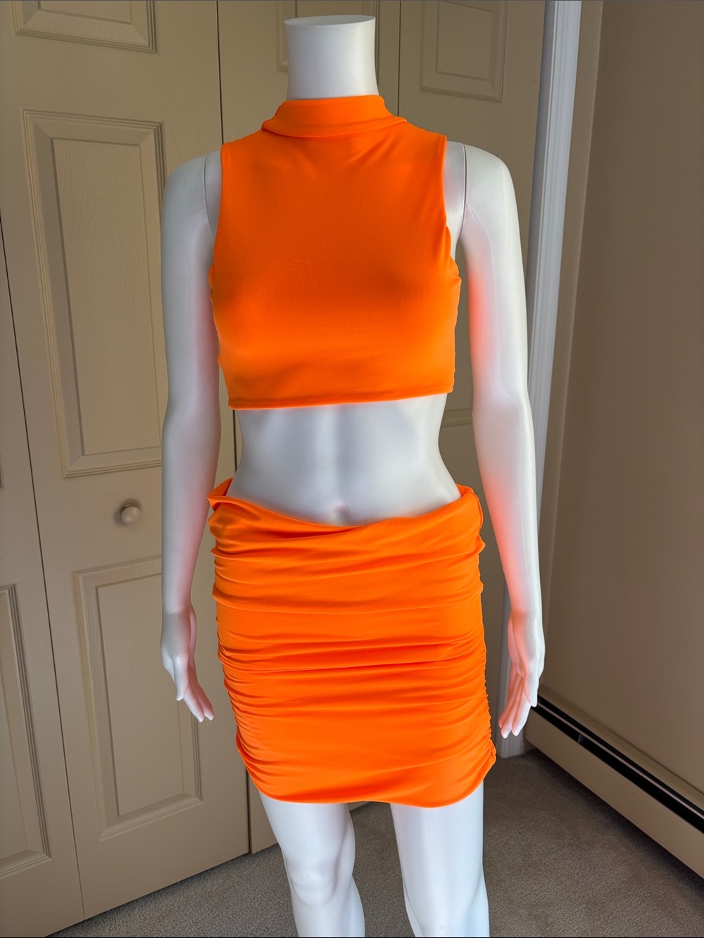 SHEIN neon orange cropped top miniskirt set